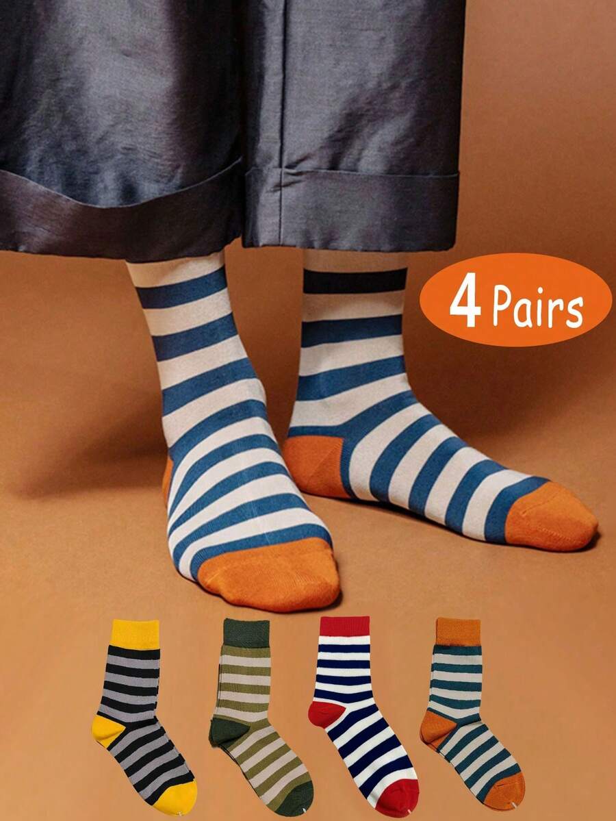 4 Pairs Of Unisex Striped Mid-Calf Socks, Autumn/Winter Casual Retro Stockings, Fall - Multicolor - View 1
