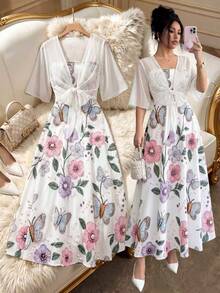 Women's Fashion Elegant Pearl 3D Floral Print Dress Chiffon Jacket Elegant 2-Piece Set Beach Vacation 2-Piece Set Summer - Multicolor - View 4