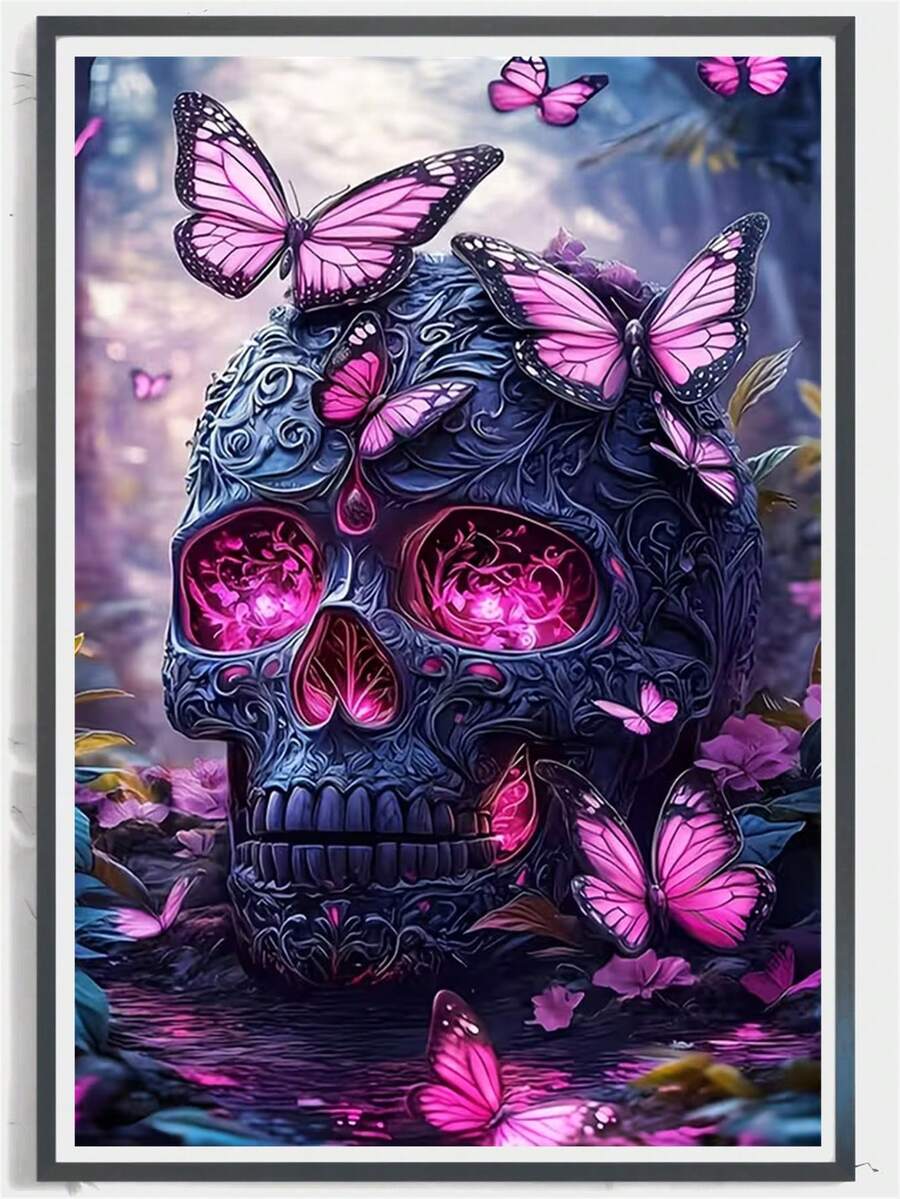 1pc Diamond Painting Kit, Atmospheric Purple Carved Skull Diamond Painting, Dark Dreamy Butterfly Design Handmade DIY Kit, Adult Stress Relief Craft Material Pack, Home Decor Wall Art, Suitable For Living Room, Bedroom, Office - Ideal Holiday Gift