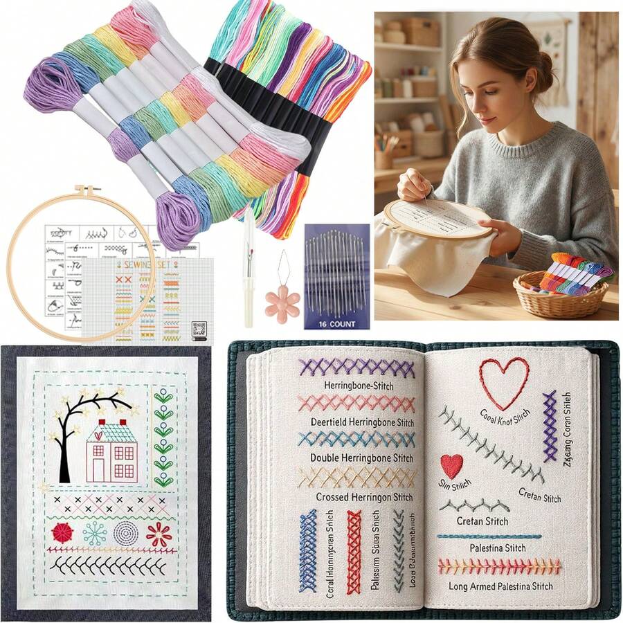 Embroidery Starter Kit Suitable For Beginners, Simple Cross Stitch Set, Pre-Printed Fabric Creative Embroidery Craft Kit, Embroidery Sewing Set With Pattern Tutorials