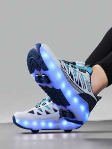 Unisex LED Rechargeable Light-Up Roller Shoes, Children's Multi-Functional Transformable Roller Skates With Detachable Wheels, Suitable For All Seasons, Outdoor And Sports Skating - Blue - View 6