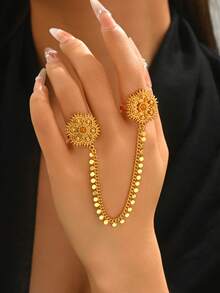 1pc Vintage Glam Floral & Geometric Pattern Finger Ring For Women, Party, Banquet, Daily Wear, Holiday Gift - Multicolor - View 1