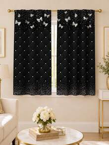 2pcs Black Rhinestone Butterfly Print All-Season Decorative Curtains - Featuring Rhinestones And Butterflies, Made Of 100% Polyester - Suitable For Living Room, Bedroom, Study And Dining Room - Suitable For Any Season, Easy To Hang Rod Pocket Design, Bedroom Decor And Accessories (Rod Not Included) - Multicolor - View 10