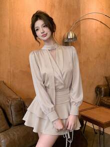 Autumn New Elegant Satin Blouse & Cake Skirt 2 Pieces Set, High-End Women's Outfit - Apricot - View 5