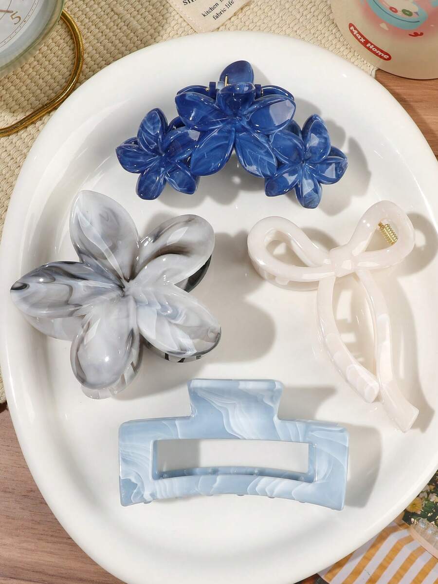 4件組春夏波希米亞風藍色大理石紋蝴蝶結與扶桑花方形髮夾 海灘海邊盤髮髮飾 - 彩色 - 查看 1