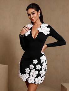 Elegant Party 3D Floral Decor Long Sleeve Bandage Dress - Black - View 1