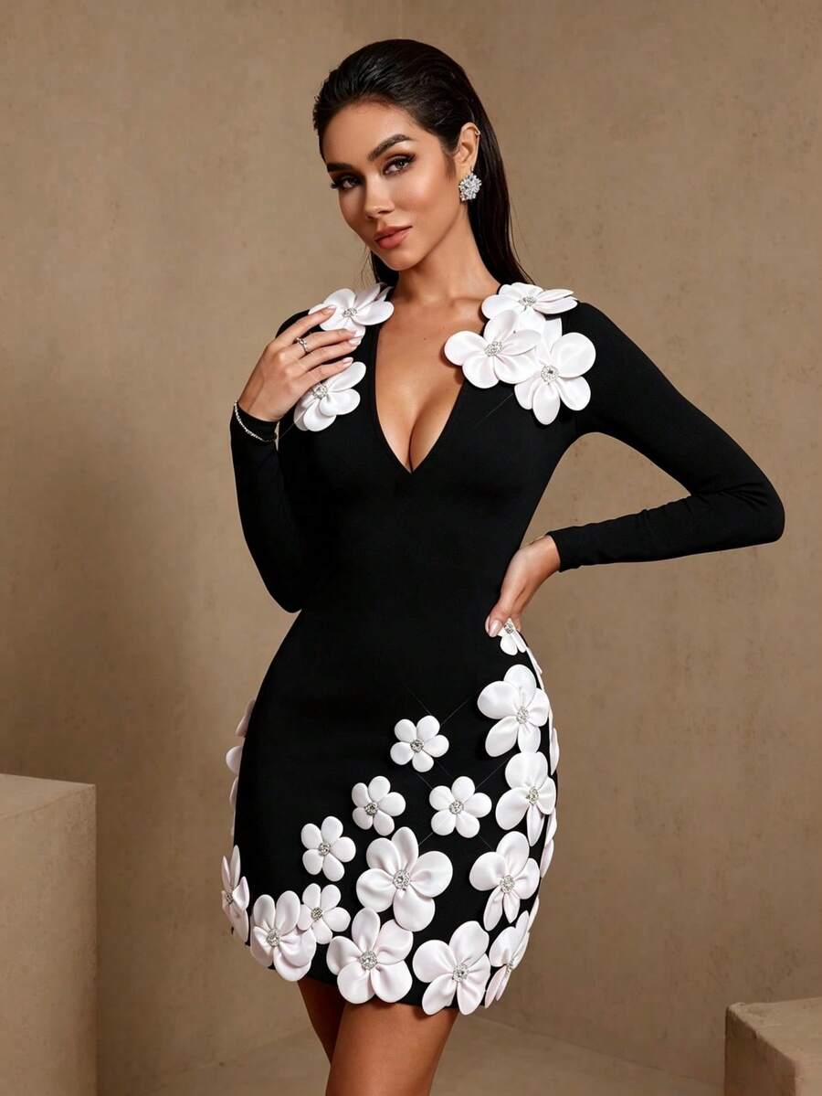 Elegant Party 3D Floral Decor Long Sleeve Bandage Dress - Black - View 1