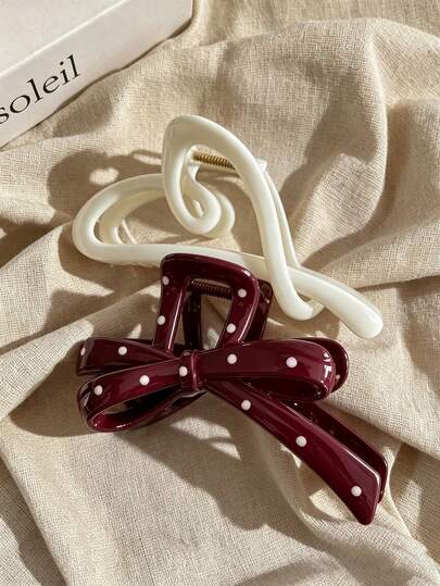 2pcs/1pc Women's 11.5cm/4.53in White Heart-Shaped Red Bow Polka Dot Glossy Lightweight Plastic Hair Claw Clip, Fashion Versatile High-End Elegant Minimalist Solid Color Hair Accessory, Suitable For Thick Coarse Hair, Daily Wear, Casual, Party, Commute, Vacation, Ponytail, Updo, Washing Face, Bathing, Makeup, Outfit Matching, Hair Clip