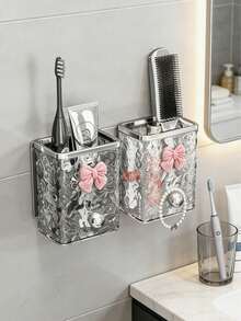 1pc Bowknot Bathroom Storage Rack - Wall-Mounted, Plastic Toothbrush & Toothpaste Holder, Makeup Brush Organizer, Makeup Pad Storage Box, Powder Storage Box & Hairline Storage Box, Self-Adhesive, No-Drill Design, Suitable For Accessory Storage, Home Organization Open Storage Box, Glacier Pattern Wall-Mounted Storage Box - Multicolor - View 3
