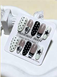 10pcs Rock Star Style Black & White Striped Polka Dot Nail Stickers, With Musical Note Nail Art Design, Handmade Gel Nails, Includes Polka Dot & Striped Stickers And Application Tools - Multicolor - View 3