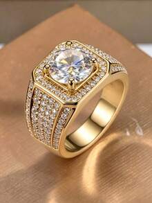 1 pieza Anillo de declaración de lujo chapado en oro con rhinestones | Joyería glamorosa de estilo hip-hop para el verano | Accesorio unisex para fiestas y uso diario - Dorado - Ver 3