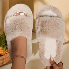 Women's Fashion Solid Color Bedroom Slippers, Minimalist Casual Design, Plush Slippers, Autumn/Winter - Grey - View 9