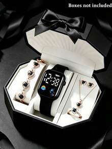 6/1pc Pink LED Digital Watch With 5pcs Heart-Shaped Rhinestone Jewelry Set, Watch Features Pink Silicone Strap And Large Digital Display Dial, Jewelry Set Includes Rose Gold Heart-Shaped Rhinestone Necklace, Bracelet, Earrings, Ring, Matching Series, Suitable For Valentine's Day, Birthday, Back To School, Best Friend Gifts, Back To School Gift - Multicolor - View 6