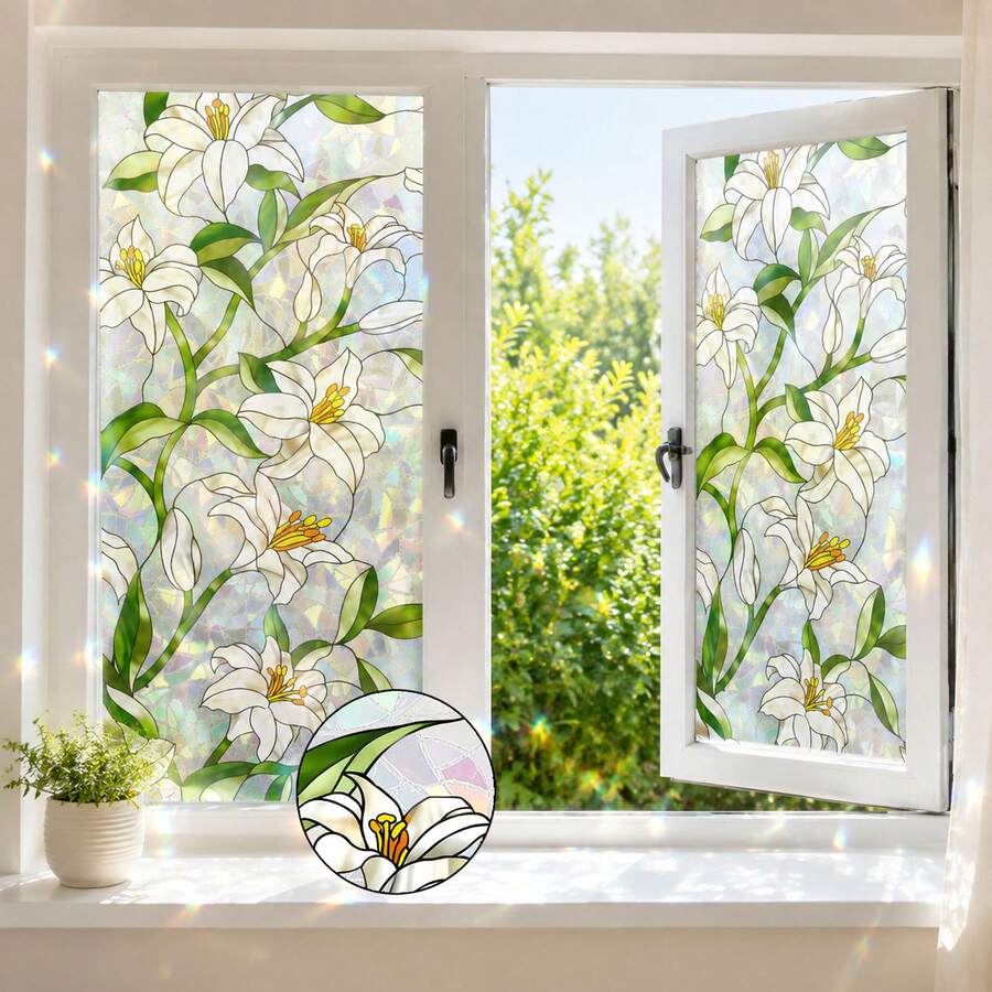 3D White Lily Window Film, Painted Glass Privacy Sticker, Electrostatic Adsorption Removable Window Decal With Light Reflective Prism Effect, Suitable For Home Bathroom Bedroom Living Room Decoration - White Lily Window Sticker - View 1
