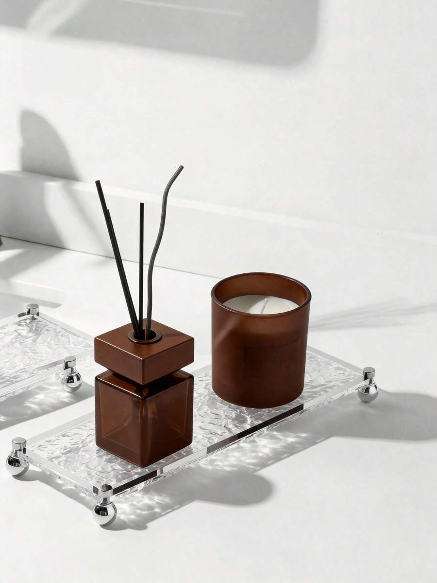 1 pieza Soporte de almacenamiento para cepillo de dientes con espejo con diseño de piedra y bola de madera, estilo francés minimalista, bandeja acrílica para maquillaje para el baño - Blanco - Ver 1