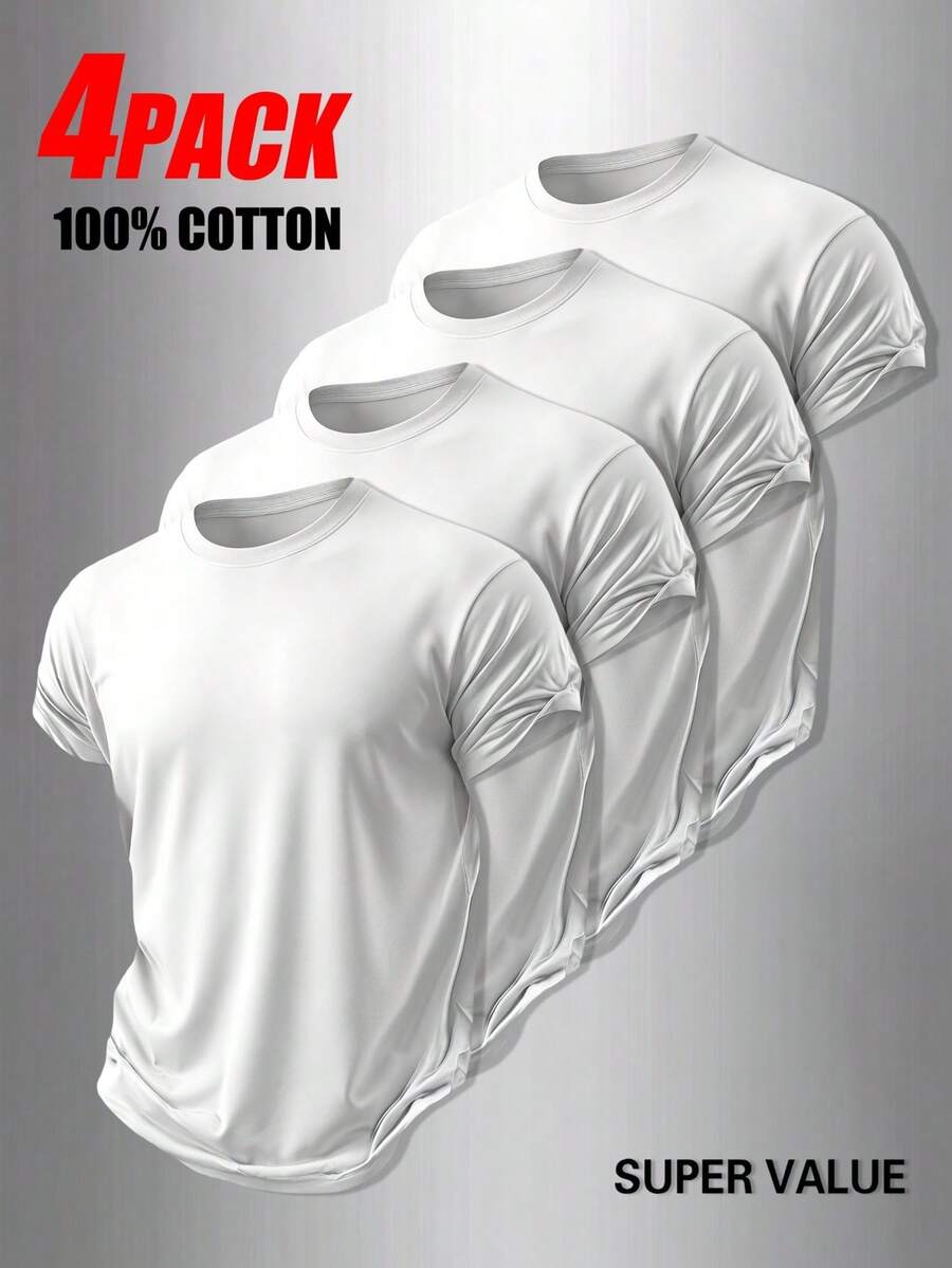 4-Pack Men's T-Shirts In Pure Cotton With Crew Neck And Print, Casual And Versatile, Ideal For Spring And Summer - 白色 - 查看 1