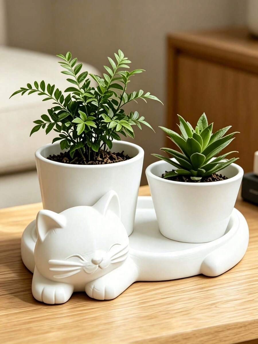 1 pieza Jarrón mini para suculentas con forma de gato perezoso, decoración impresa en 3D de una sola pieza, jarrón minimalista blanco para escritorio, figura de gato, multiusos, regalo para amigos - multicolor - Ver 1