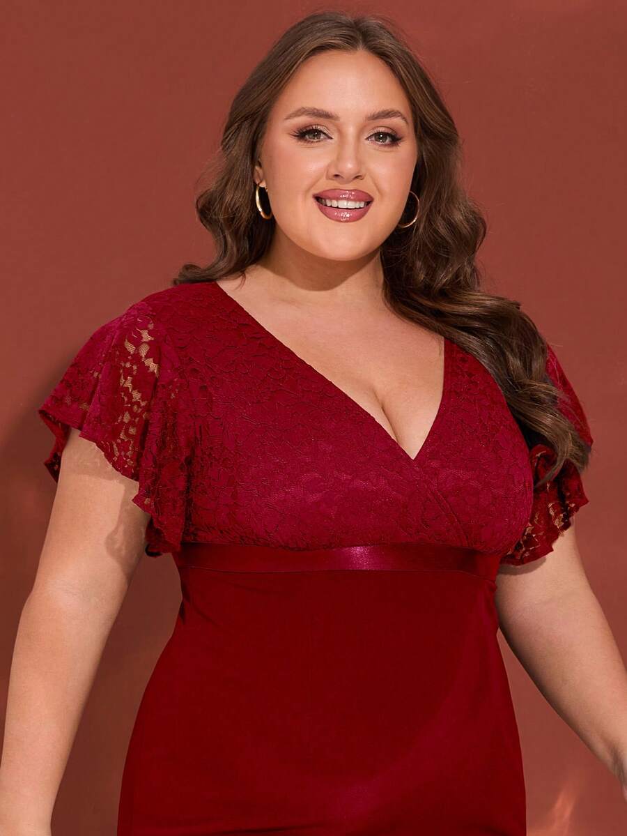 Plus Size Women's V-Neck Mermaid Cocktail Dress, Ruffle Sleeve Lace Graduation Prom Homecoming Dress - Burgundy - View 1