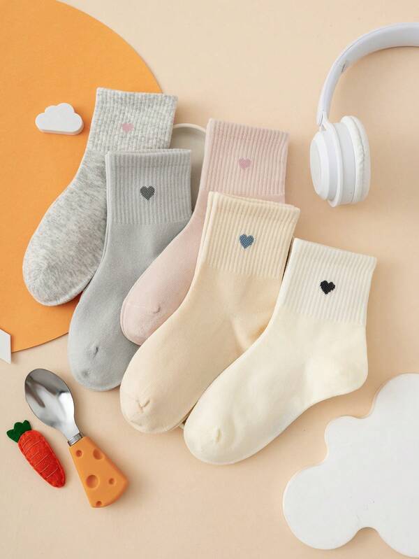 5 Pairs Heart Pattern Fun Cartoon Autumn Kids Mid-Calf Socks, Back To School