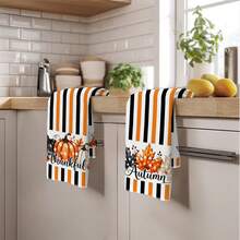2PCS Kitchen Towels Autumn Striped Pumpkin Maple Leaf Black Orange Striped Print Pattern, Super Fine Fiber Material Soft Kitchen Towels Dish Cloths, Hand Towels, Tablecloths, Halloween Kitchen Decor, Kitchen Cleaning, Bathroom Cleaning, Holiday Party Decor, Kitchen Bathroom Supplies Home Essentials, Home Decor, Housewarming Gift - Orange - View 10