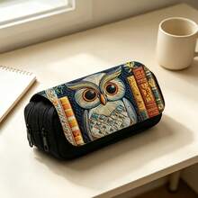 Vintage Owl & Book Print Dual Zipper Pencil Case, Large Capacity Student Stationery Storage Bag - Single Piece - View 3