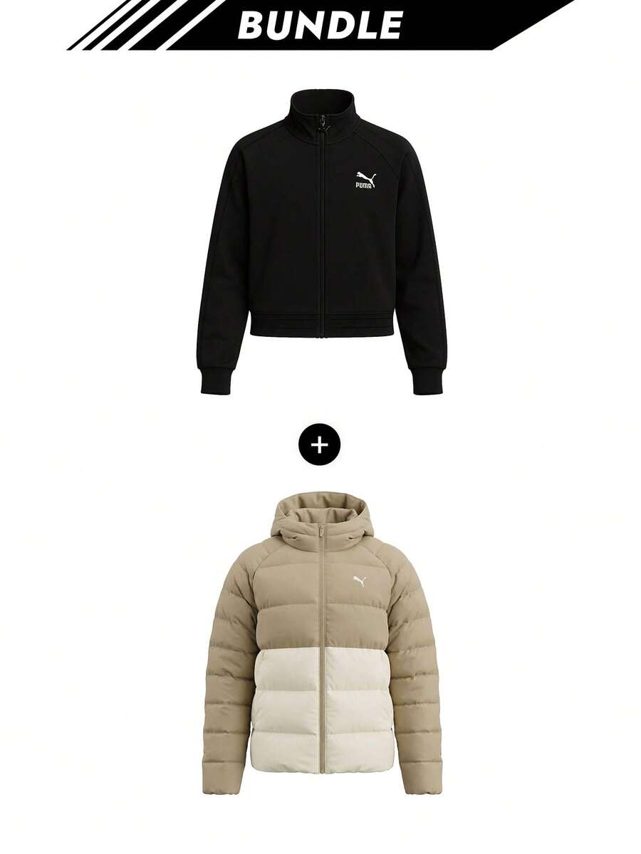 [حزمة] جاكيت PUMA PATCH T7 الرياضي DK + جاكيت JR Mono مبطن للنساء باللون الأبيض الألبيني - أسود + كاكي - مشاهدة 1