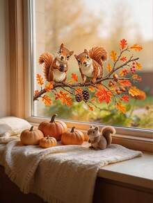 1pc Maple Branches, Squirrels, Pine Cones Window Stickers - Self-Adhesive Stickers, Autumn Decoration, Halloween Decoration, Suitable For Autumn Thanksgiving Decor, Halloween Decor Home Decor - Orange - View 3
