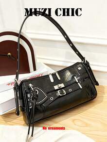 Black Motorcycle Style Rectangular Shoulder Purse, Double Belt Metal Buckle Detail Adjustable Single Strap Small PU Crossbody Bag For Daily Dating - Black - View 3