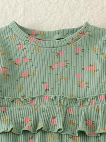 2pcs Baby Girl Fresh Cute Long Sleeve Printed Ribbed Top & Flared Pants Set, Thin Spring/Autumn - Green - View 4