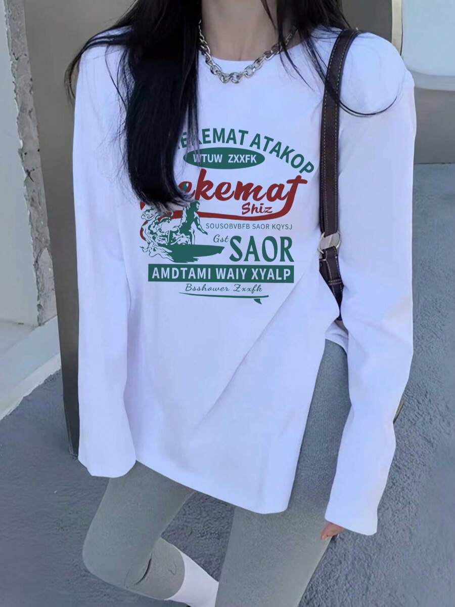 Best-Selling Contrast Color Letter Print Long Sleeve Base Layer Top, Slouchy Side Slit Flattering Slimming Versatile Long T-Shirt Casual White - White - View 1