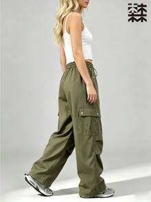 mulinsen Women's Button Flap Pocket Drawstring Elastic Waist Cargo Pants, Street Casual Functional Long Pants - Army Green - View 3