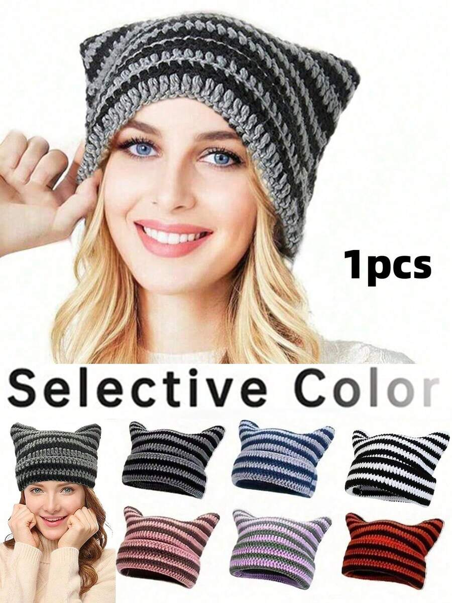 1pc Women's Handmade Knitted Hat, Y2K Striped Hat, Couple Cute Cat Ear Casual Hat, Suitable For Autumn/Winter Outdoor Sports, Street Fashion Matching, Christmas Winter Gift Cute - A - View 1