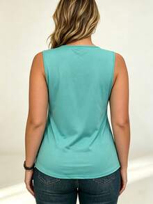 Plus Size Women's Printed Fitted Casual Tank Top Vacation Set - Green - View 4