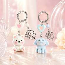 1pc/2pcs Women's Cute Flocked Cartoon Bear & Elephant Pendant Heart Bead Alloy Four-Leaf Clover Accessory Keychain Gift For Friends Bag & Key Charm - Multicolor - View 7