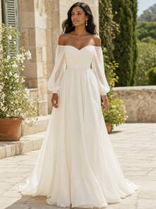 Marvellea Elegant Off Shoulder Puff Long Sleeve Chiffon Maxi Dress A Line Flowy Wedding Bridal Gown Formal Party Evening Gown - White - View 1
