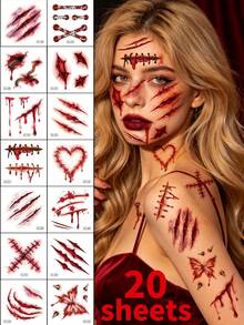 20pcs Halloween 3D Realistic Scar Temporary Tattoo Stickers, Horror Bloody Wound Zombie Tattoos, Suitable For Adult Body And Face, Costume Party Prank Makeup, Cosplay, Costume Party - Red - View 2