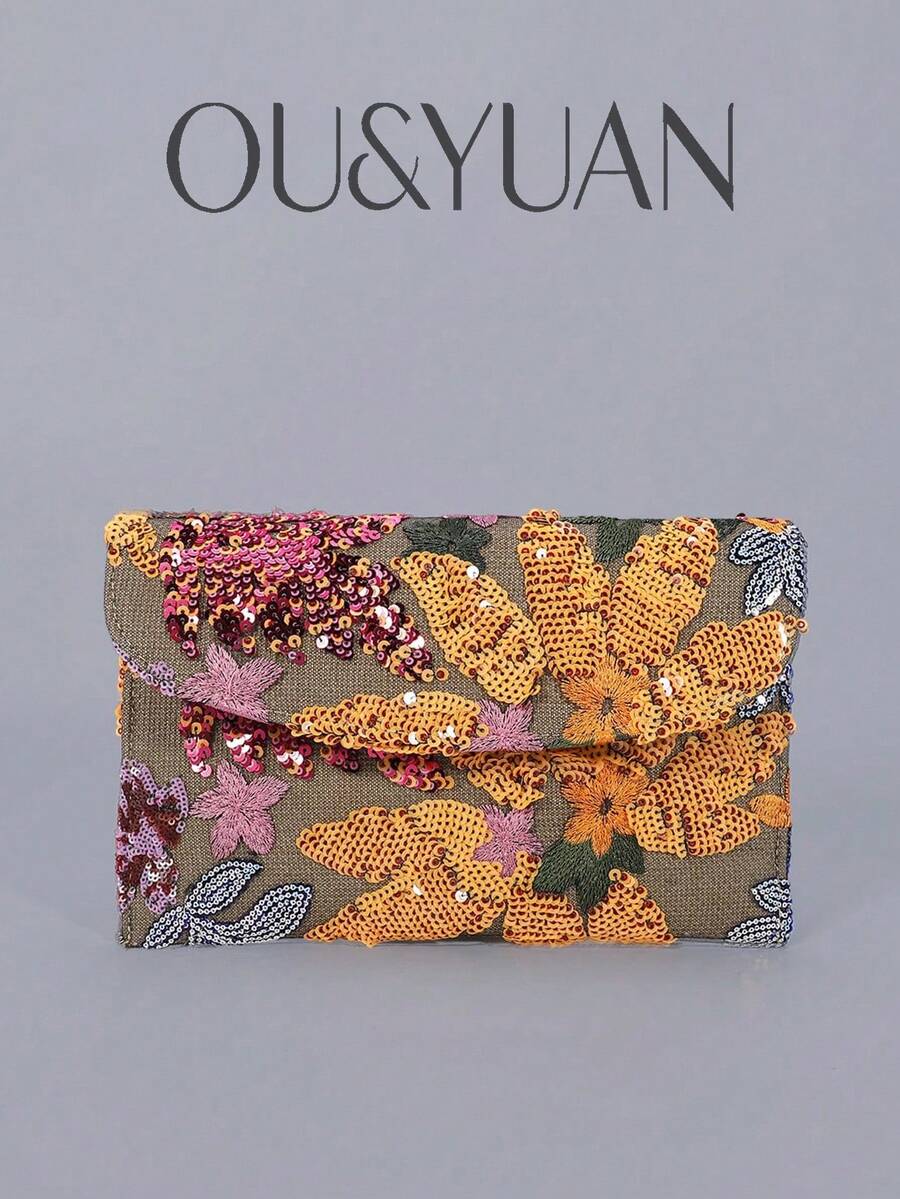Random Pattern Envelope Bag Sequin Decor Colourblock