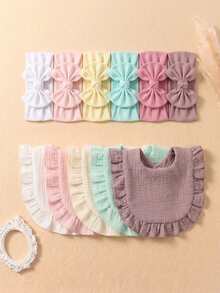 12PCS Newborn 3D Bow Headband + Ruched Texture Baby Bib, Minimalist Milk Style Multi-Color Baby Fontanelle Protection Hair Accessory Set - Multicolor - View 5