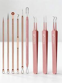Rose Gold Stainless Steel 9Pcs Professional Acne Blackhead Remover Tools Kit, Multifunctional Pimple Comedone Extractor Tweezers Set With Portable Storage Metal Case, Facial Blemish Whitehead Popping Tool, Salon Home Daily Facial Skin Care Beaut - Multicolor - View 1