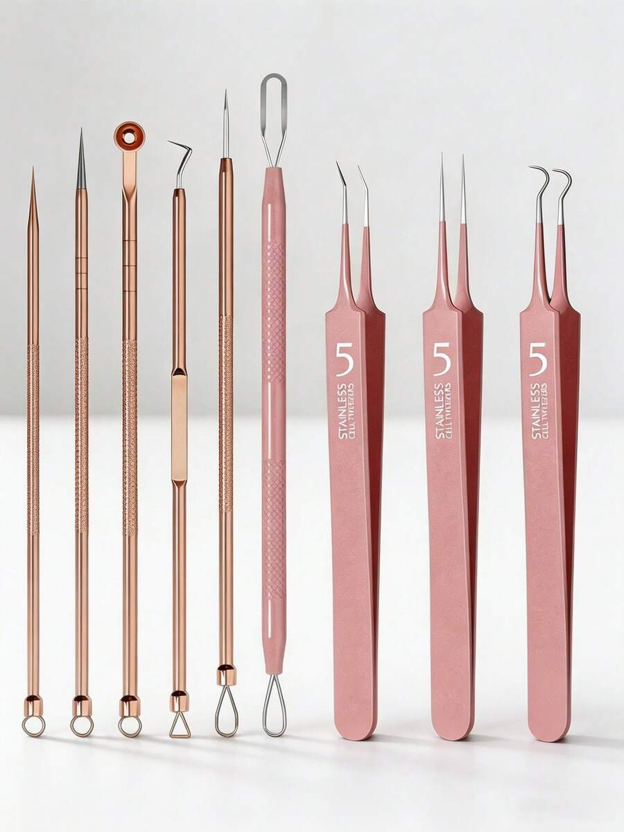 Rose Gold Stainless Steel 9Pcs Professional Acne Blackhead Remover Tools Kit, Multifunctional Pimple Comedone Extractor Tweezers Set With Portable Storage Metal Case, Facial Blemish Whitehead Popping Tool, Salon Home Daily Facial Skin Care Beaut - Multicolor - View 1