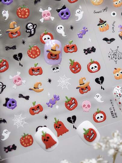 5D Metal Nail Stickers New Halloween Cute Little Ghost Spider Silk Ghost Skeleton Pumpkin Bat Pattern Nail Stickers Decoration Self-Adhesive Nail Stickers