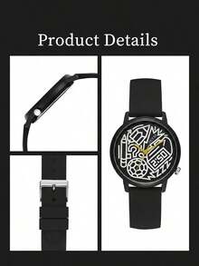 GUESS Men's Black Silicone Strap Quartz Watch, Round Graffiti Print Dial Sports Casual Wristwatch, Minimalist Fashion Daily Timepiece - Black - View 6