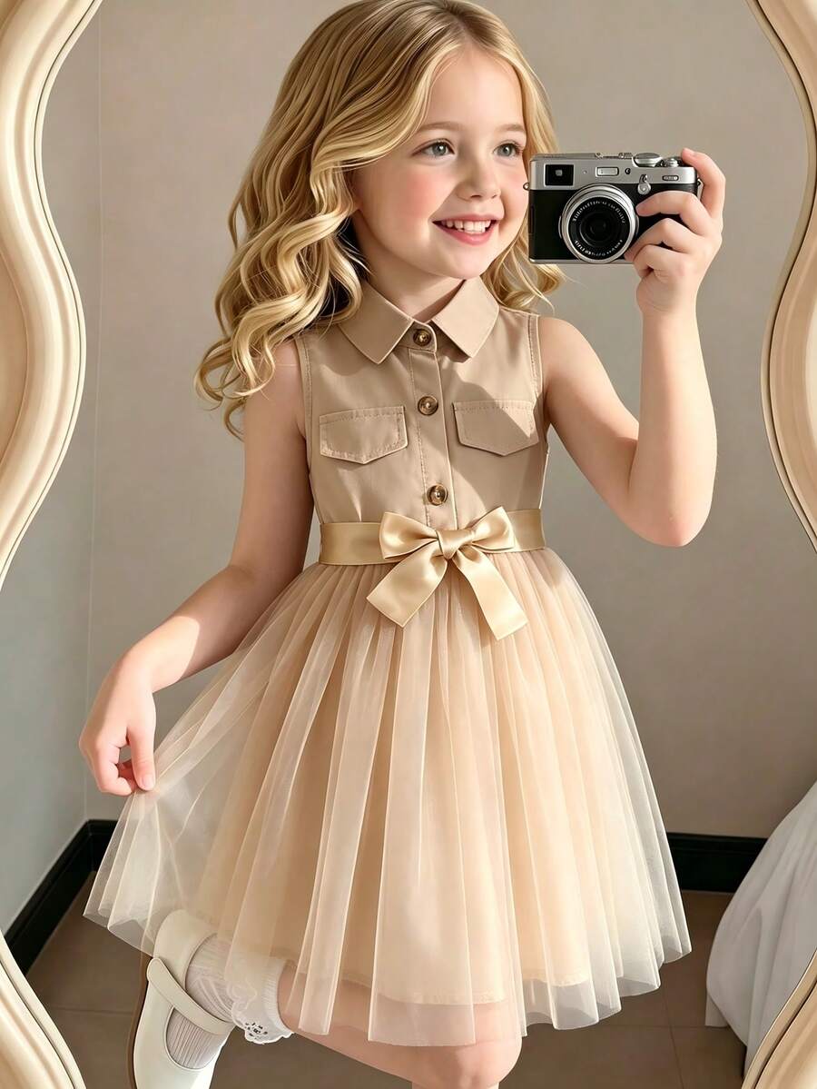 Vestido sin mangas de unicolor con cuello y cinturón tejido para niña joven - Caqui - Ver 1