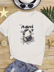 Girls' Summer Short Sleeve T-Shirt, Slim Fit, Knit Fabric, Fashion Street Style - White - View 1