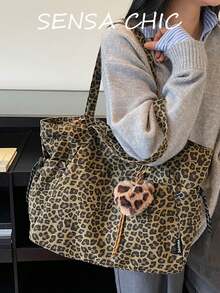 Stylish Leopard Print Tote Bag, Large Capacity Shoulder Bag, Perfect Underarm Bag For Commuting - Coffee - View 5