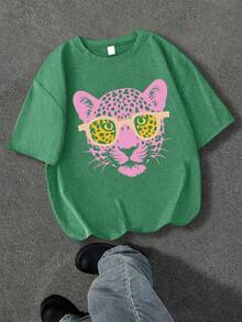 1pc Teen Girls Casual Cool T-Shirt, Pink Leopard Print, Loose Washed Fabric For Daily Wear - Green - View 1