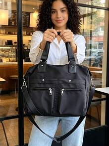 Tas Tote Wanita Minimalis Serbaguna Warna Solid Bahan Nilon dengan Banyak Kantong, Tas Tangan Gaya Mahasiswa Kapasitas Besar untuk Kembali ke Sekolah dan Liburan, Tas Bahu Ringan Kasual untuk Aktivitas Luar Ruangan, Perjalanan, Belanja, dan Perjalanan, Tas Selempang untuk Kerja, Bisnis, dan Perjalanan Sehari-hari - Hitam - View 7