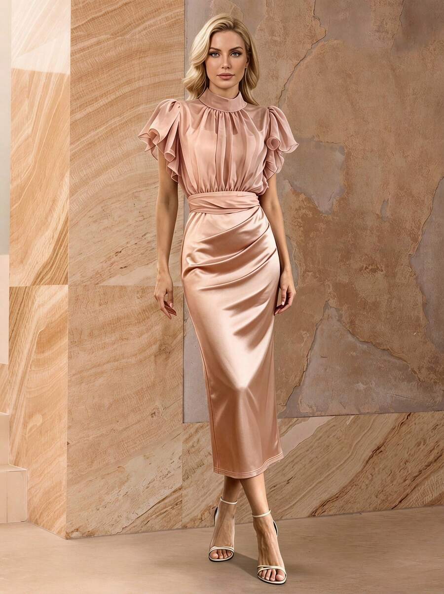 Elegant 2-Piece Dresses Set For Women Chiffon Ruffle Sleeve Top & Satin Midi Party Dress Formal Birthday Wedding - Champagne - View 1