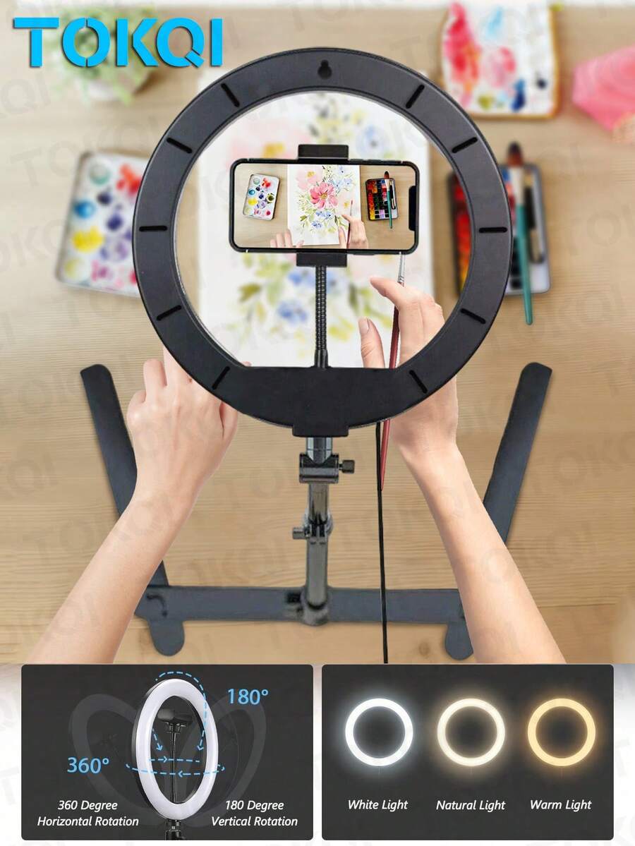 TOKQI Floor Standing Shooting Tripod With Dimmable Ring Fill Light, Adjustable Rotation Phone Holder, Multifunctional Extended Desktop Overhead Landing Stand, Suitable For Mobile Phone Live Streaming, Recording,Painting, Photography, Live Streaming - Black - View 1