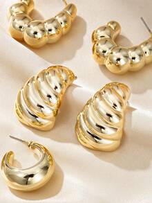 3 Pairs Fashion Minimalist Cloud Embossed Spiral Cone Crescent C-Shaped Unique Women's Stud Earrings, Suitable For Daily Casual, Party, Photo Shoot, Jewelry Gift For Friends - Yellow Gold - View 4